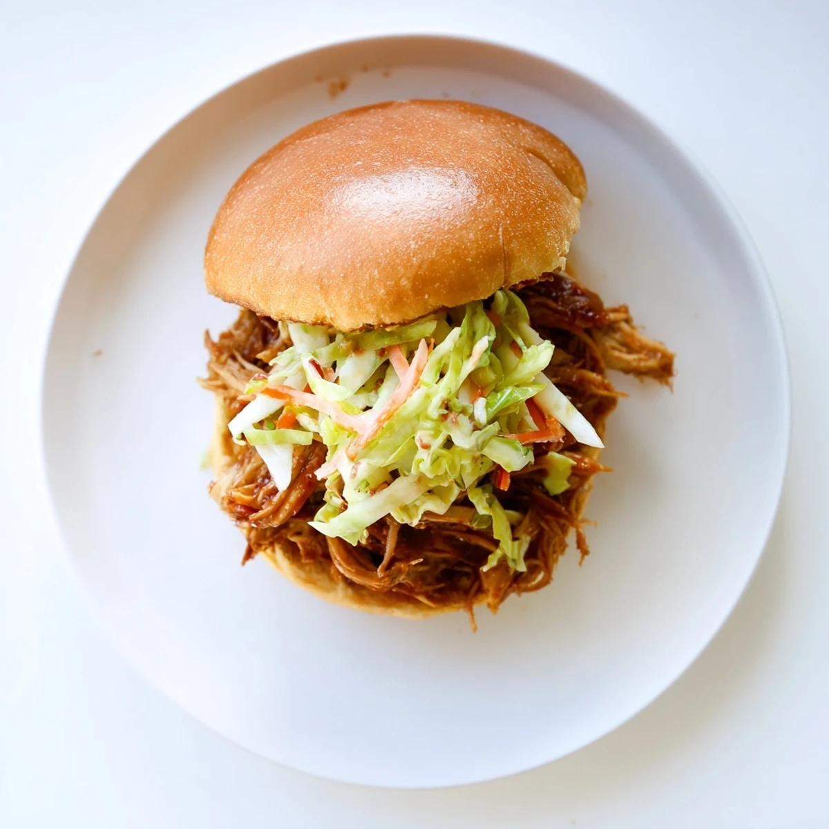 Golden-brown pulled barbecue chicken piled high on toasted brioche buns, topped with vibrant, crunchy cabbage slaw for a satisfying meal.