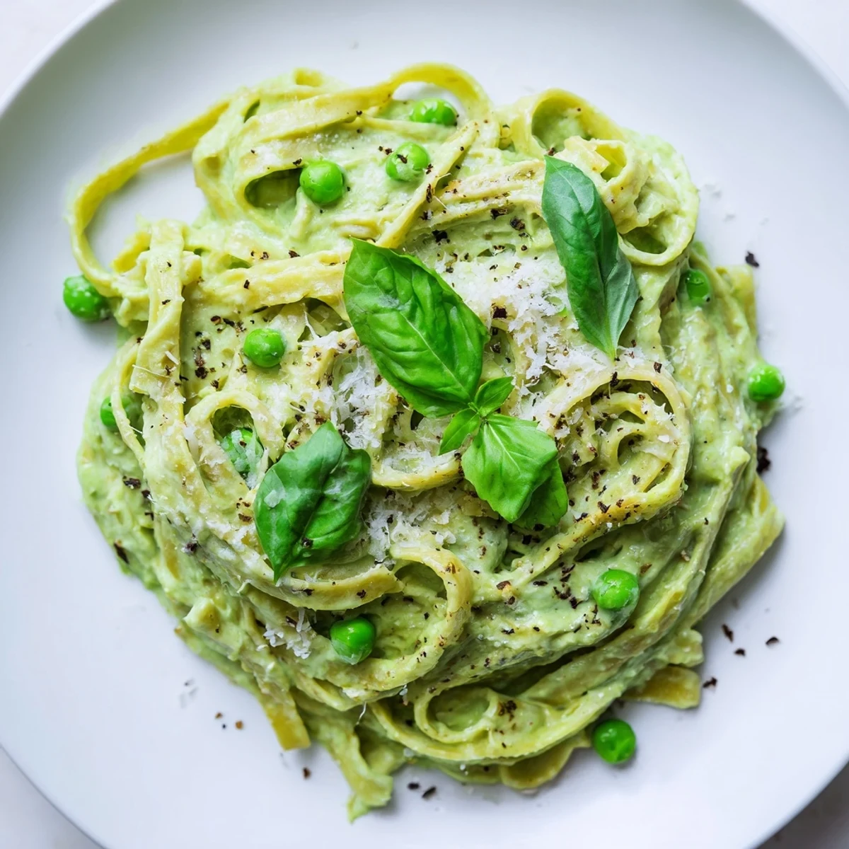 A hearty serving of Creamy Green Pea Alfredo paired with a crisp glass of white wine.