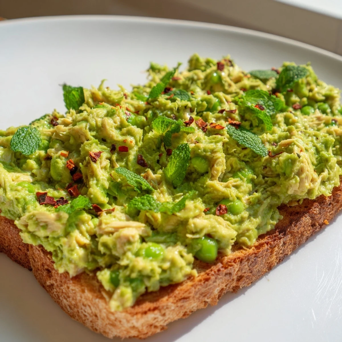 Golden toasted sourdough slices generously topped with creamy smashed peas, tender shredded chicken, and a sprinkle of chili flakes for a vibrant open-faced toast.