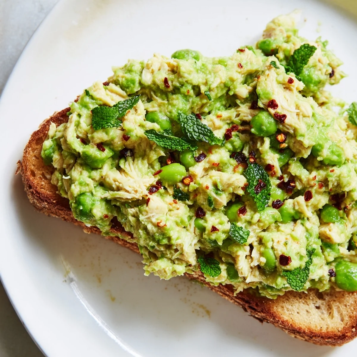 Close-up of the Smashed Pea & Chicken Toast, featuring a chunky pea mash mixed with chicken on crispy rustic bread, garnished with fresh mint.