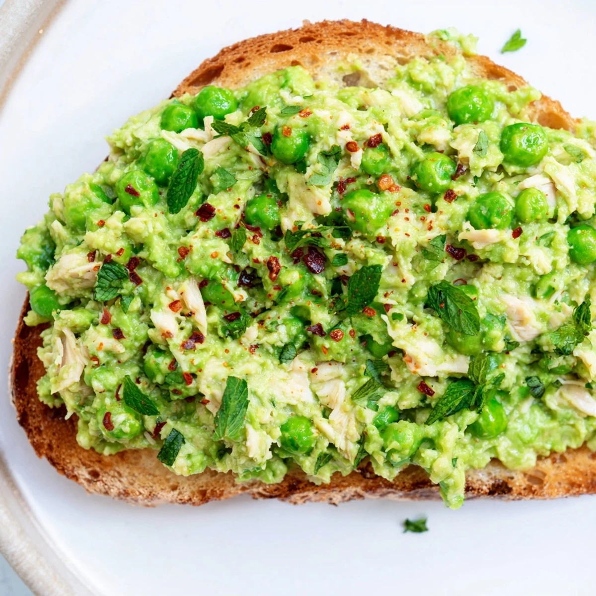 A rustic plate with four servings of Smashed Pea & Chicken Toast, garnished with crumbled feta, chili flakes, and a lemon wedge on the side.