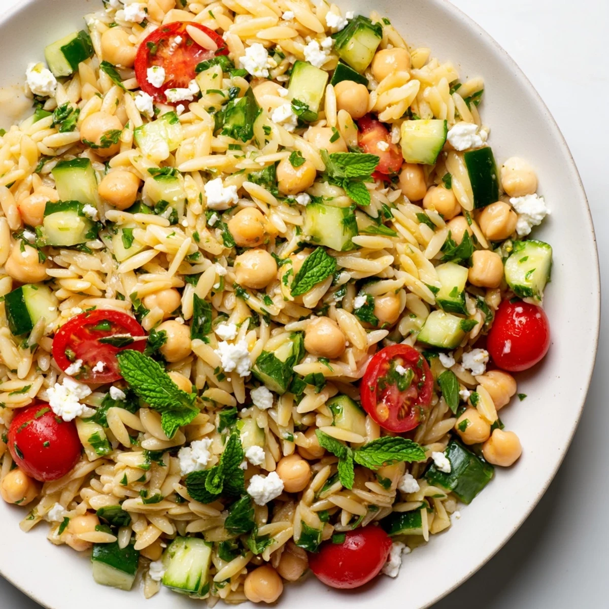 Fragrant lemon vinaigrette coats orzo and chickpeas with crisp cucumber and fresh herbs in this vibrant Mediterranean salad.