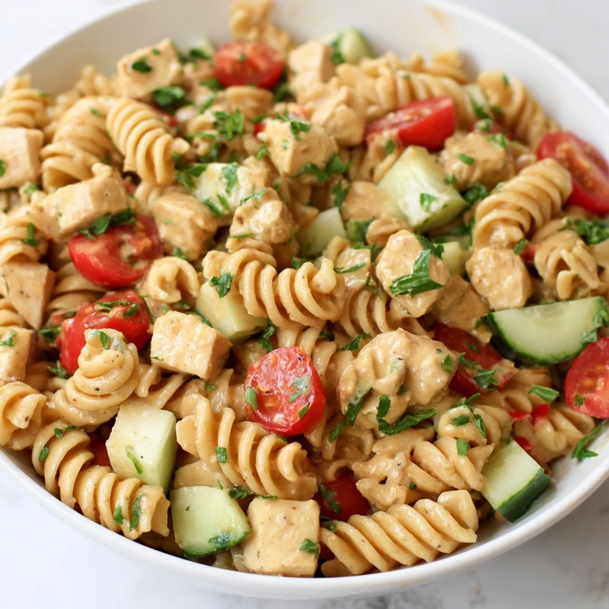 Serving suggestion for Honey Mustard Chicken Pasta Salad, featuring crisp vegetables and tender chicken tossed in a creamy, tangy dressing.