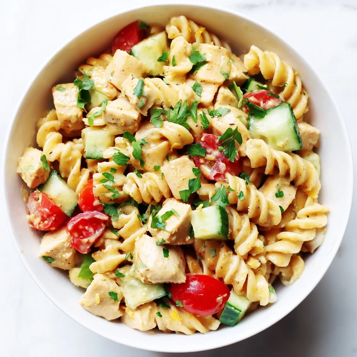 A vibrant bowl of Honey Mustard Chicken Pasta Salad with spiral pasta, diced chicken, cherry tomatoes, and cucumber in a glossy dressing.