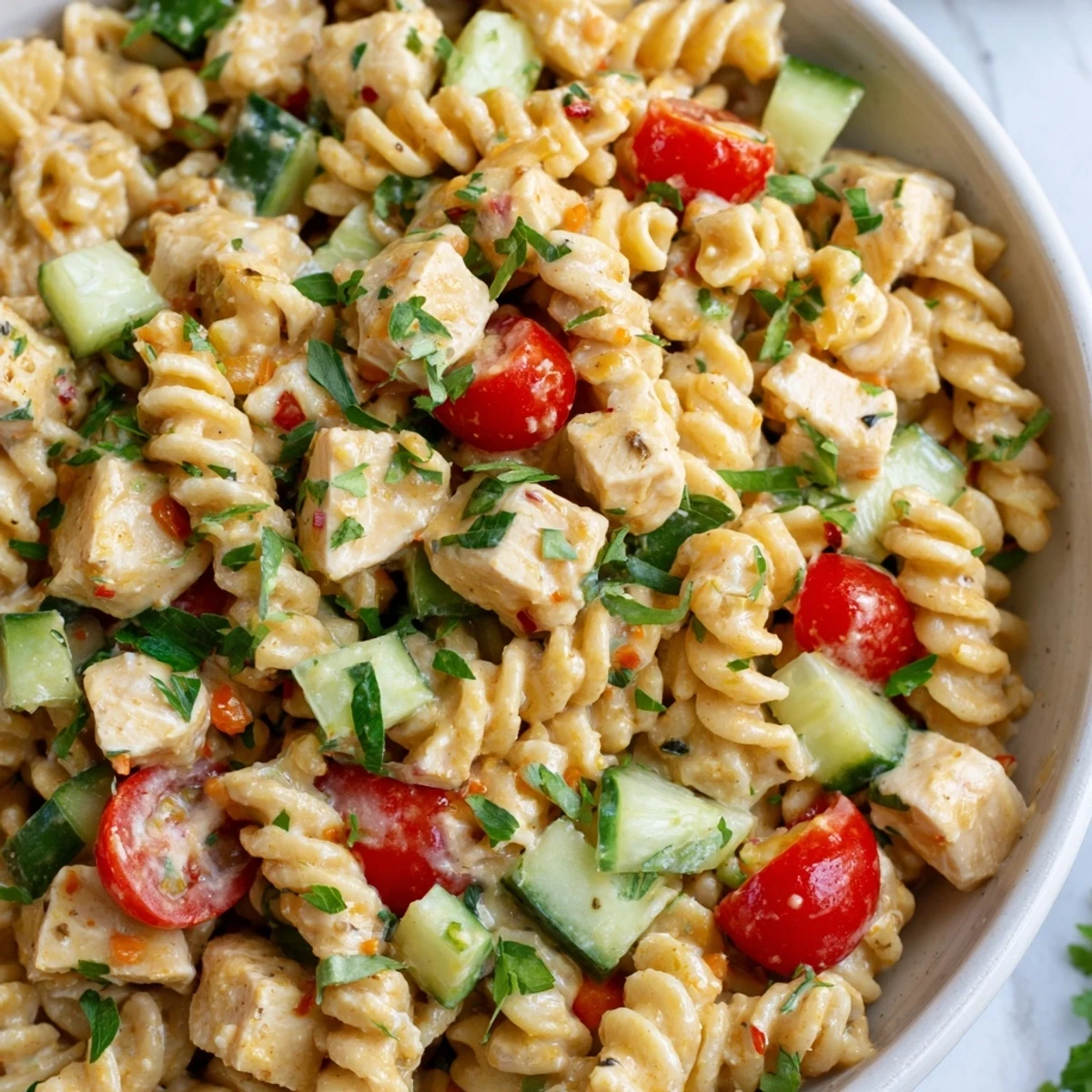 Close-up photo of Honey Mustard Chicken Pasta Salad with fresh parsley garnish, perfect for an easy, satisfying American main dish.