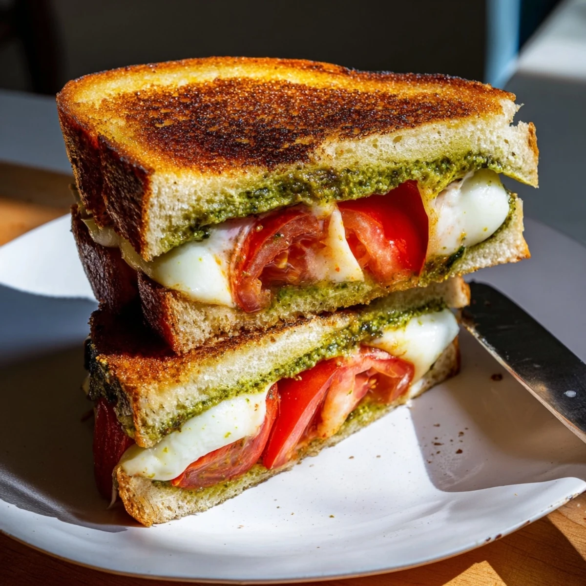 Golden, crispy sourdough grilled cheese layered with fresh mozzarella, juicy tomato slices, and aromatic basil pesto.