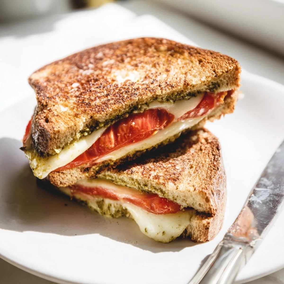 Caprese Pesto Grilled Cheese sliced diagonally on a rustic board, revealing melted mozzarella and vibrant tomatoes.