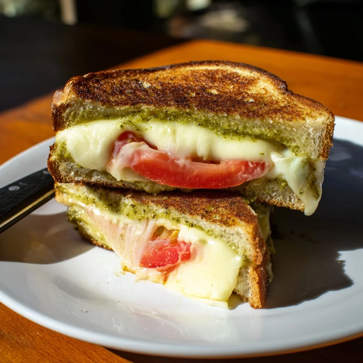 Melted Caprese Pesto Grilled Cheese with golden bread, fresh basil garnish, and a drizzle of balsamic glaze.