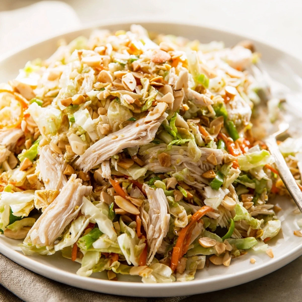 Colorful shredded cabbage, toasted almonds, and fresh scallions top a bowl of easy Crunchy Ramen Chicken Salad.