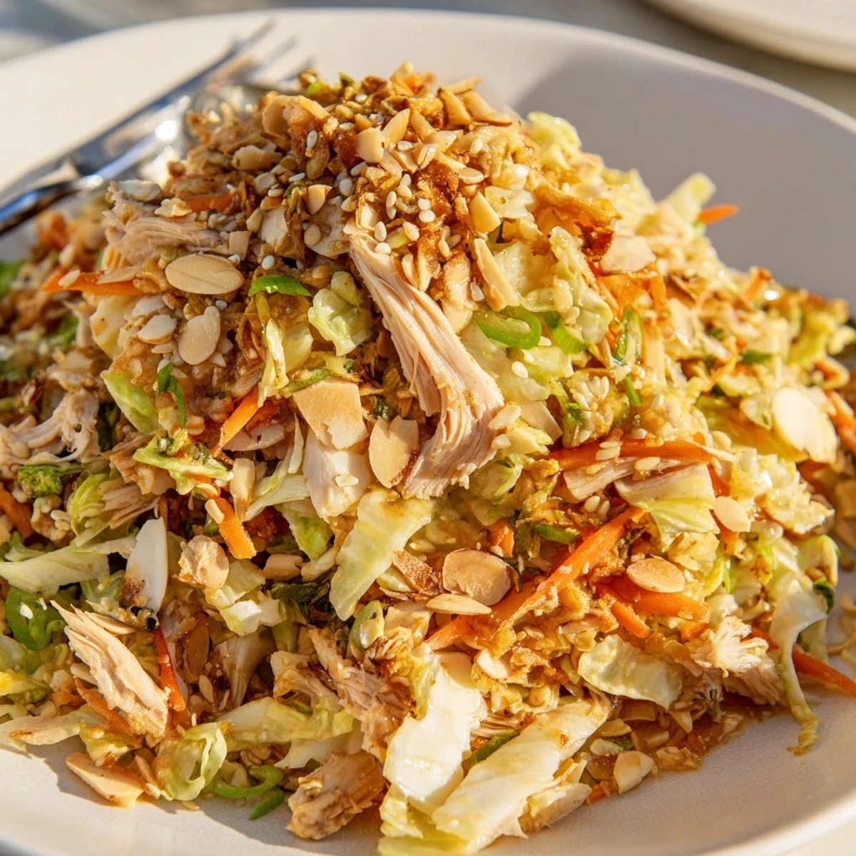 Serve this Crunchy Ramen Chicken Salad immediately for extra crunch at potlucks or quick weeknight dinners.