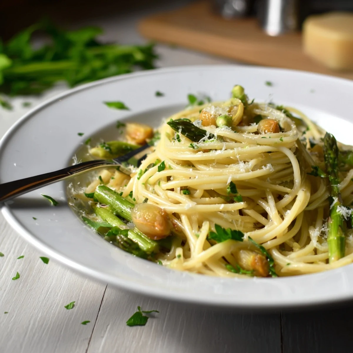 Golden roasted garlic cloves and bright green asparagus spears mingle with spaghetti, finished with a sprinkle of Parmesan and fresh parsley.  