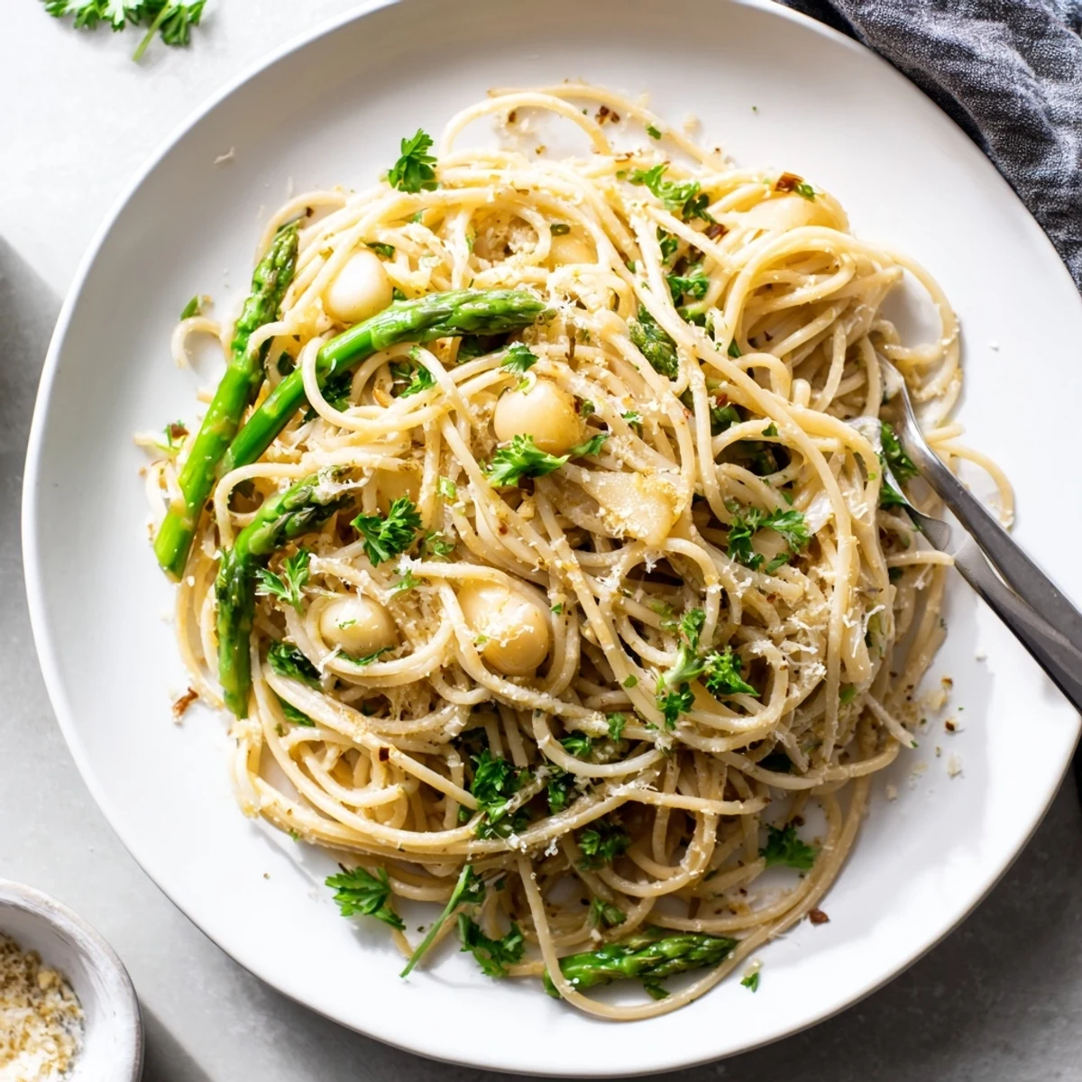 A close-up of roasted garlic and asparagus pasta shows tender vegetables, olive oil sheen, and steam rising for a warm, inviting meal.  