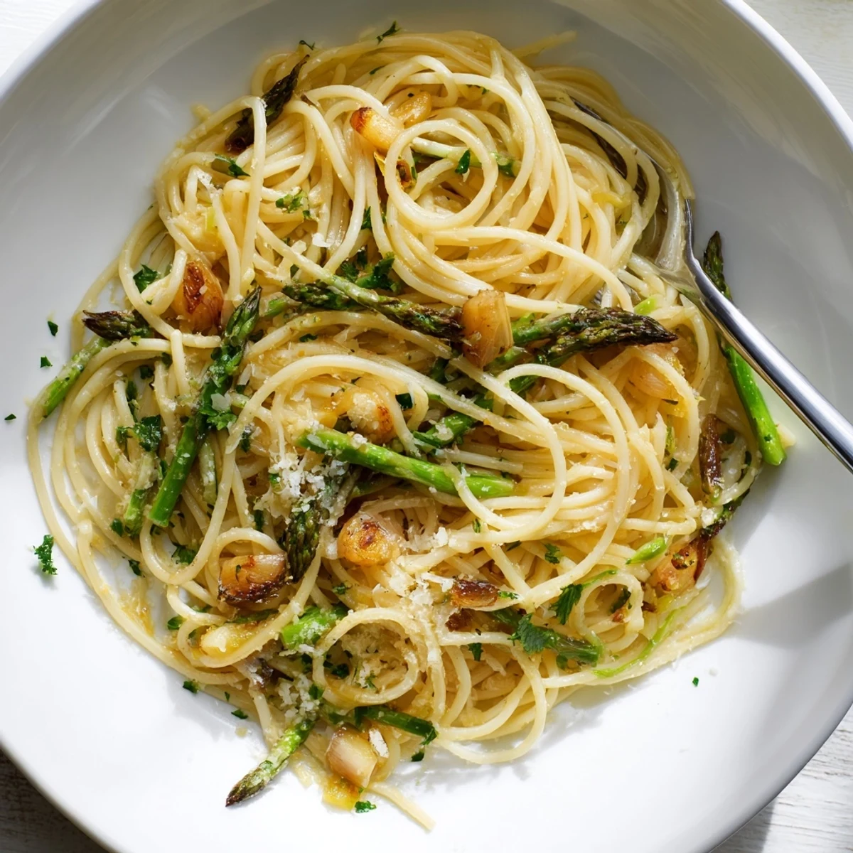 Vibrant spring pasta dish features roasted garlic, asparagus, and spaghetti tossed with olive oil, ready to serve as a vegetarian main.