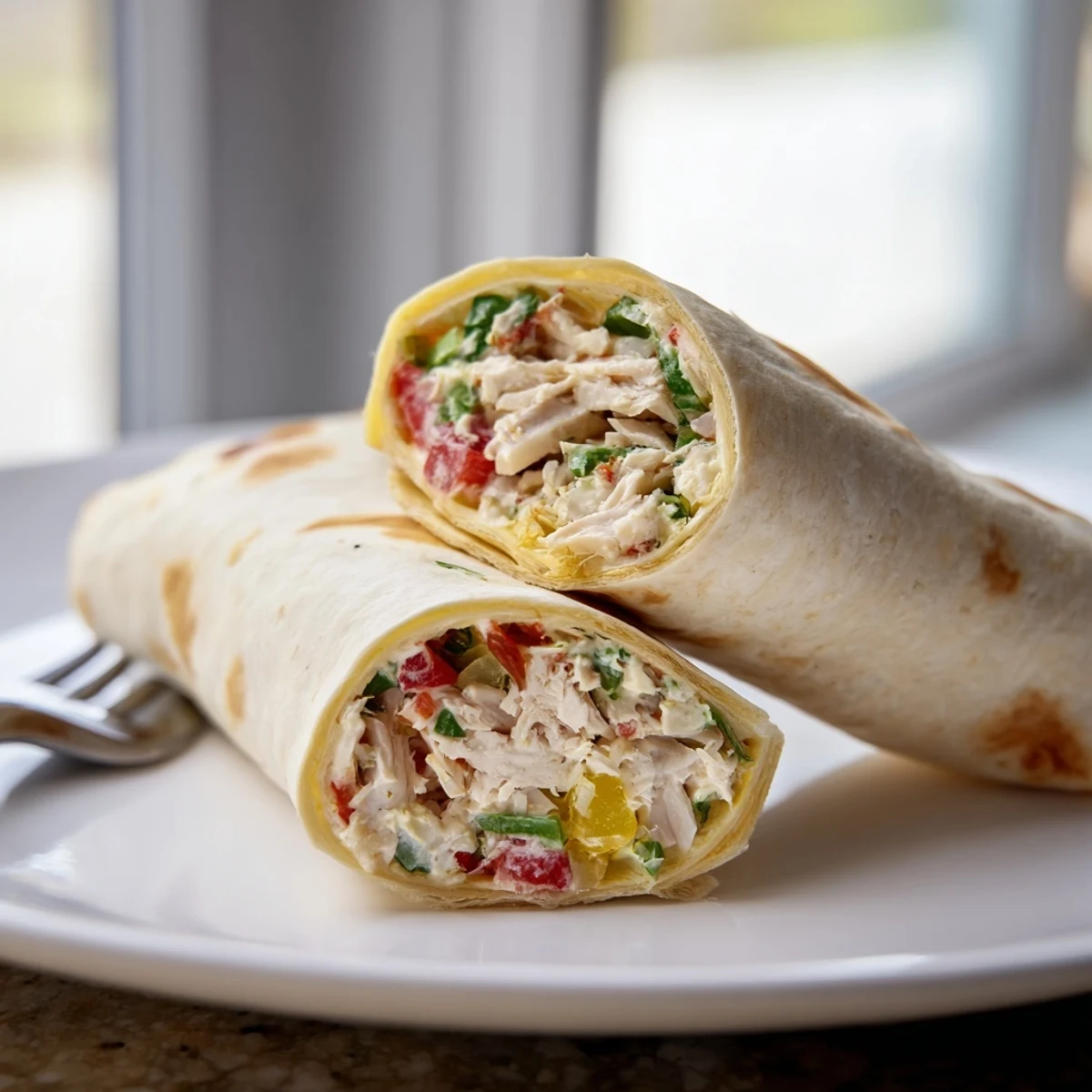 Freshly grilled lemon chicken and crisp Greek salad ingredients fill a warm tortilla wrap on a rustic wooden table.  