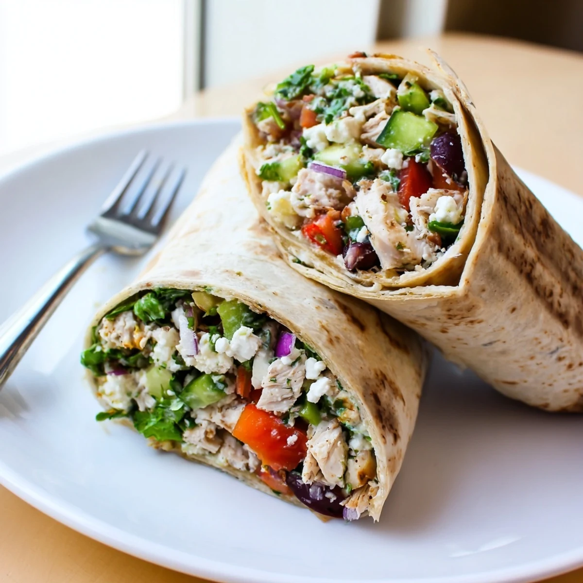 A vibrant Mediterranean lunch wrap packed with juicy marinated chicken, crunchy cucumbers, olives, and crumbled feta cheese.