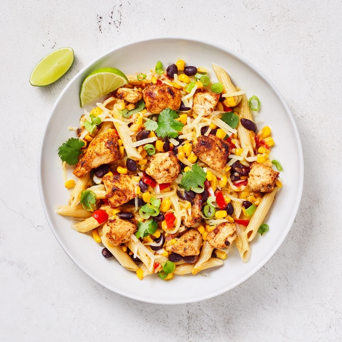 A steaming skillet of Crispy Chicken Burrito Pasta is garnished with cilantro, spring onions, sour cream, and lime.
