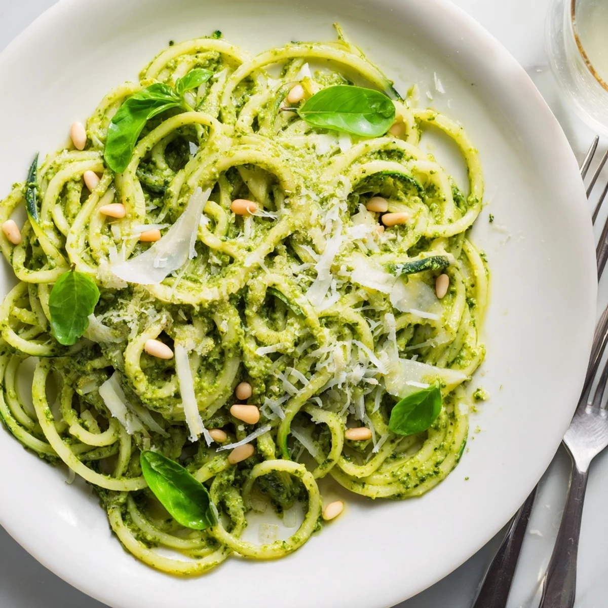 Vibrant green zucchini noodles with pesto, sautéed just until tender and topped with fresh basil and Parmesan.  