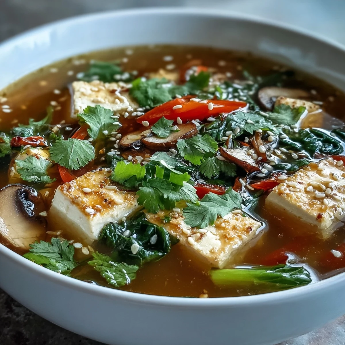 Steaming bowl of Tofu and Vegetable Soup with colorful carrots and bok choy.
