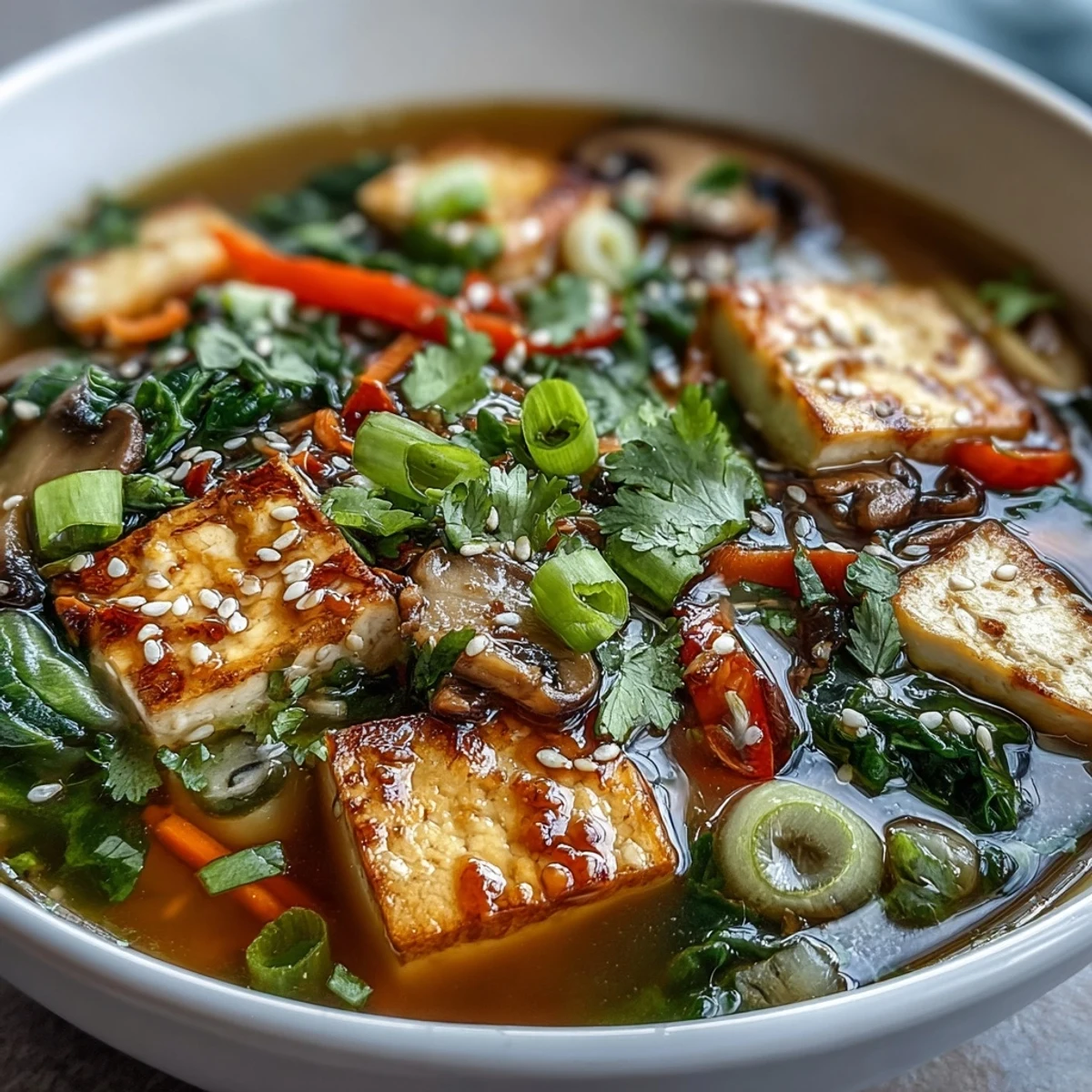 Close-up of silky tofu cubes floating in a clear, savory broth with mushrooms.