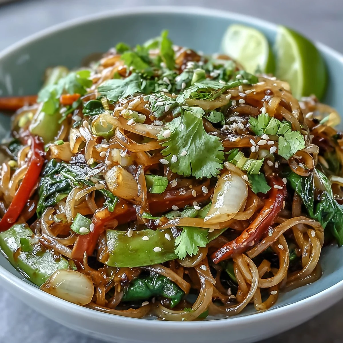 Freshly prepared Kelp Noodle Stir-Fry with colorful vegetables and sesame seeds.