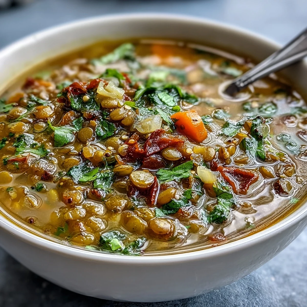 Vibrant golden mung bean soup with diced carrots, cilantro garnish, and a lemon wedge on a rustic table.  