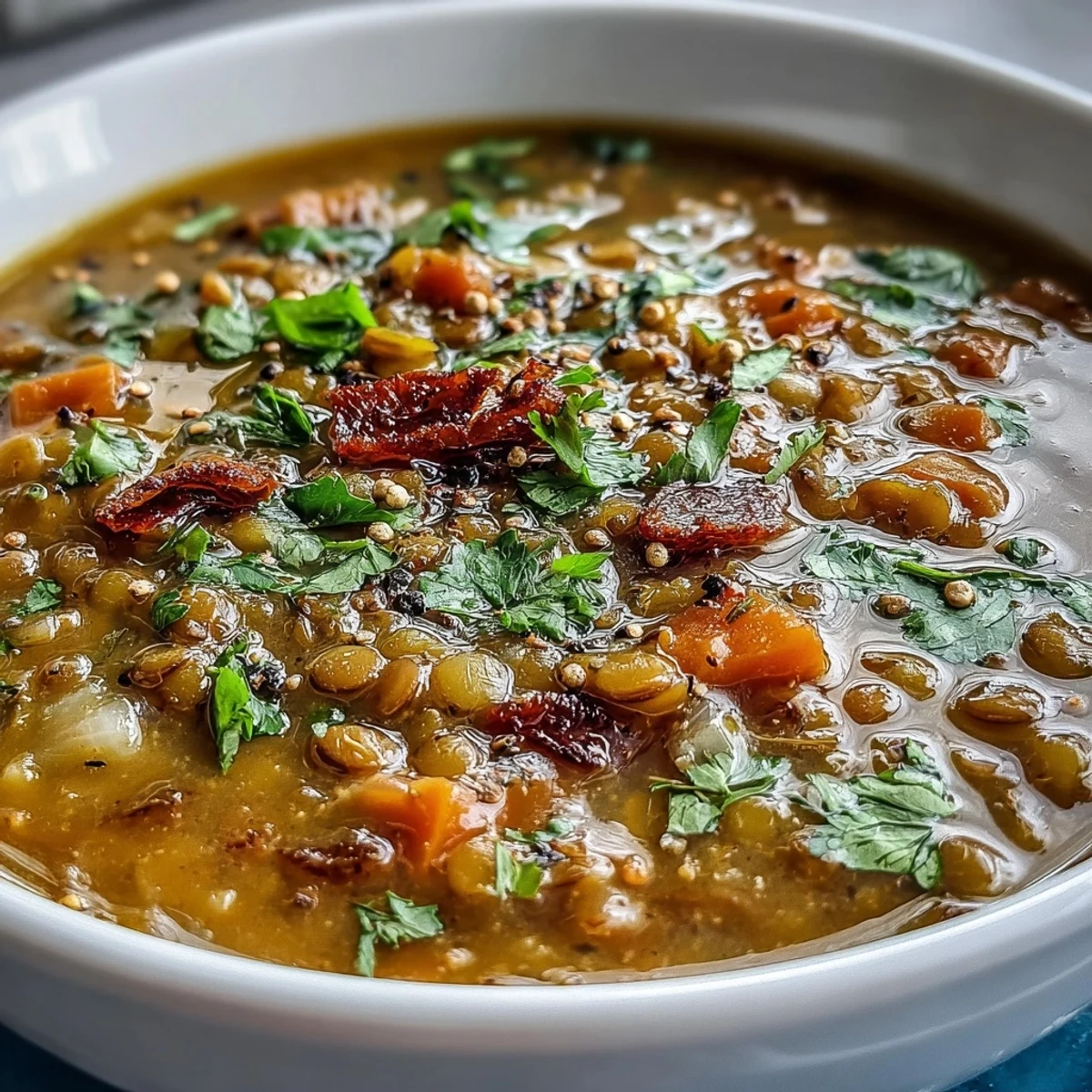 Hearty, gluten-free mung bean soup simmering in a pot with aromatic spices and fresh cilantro.