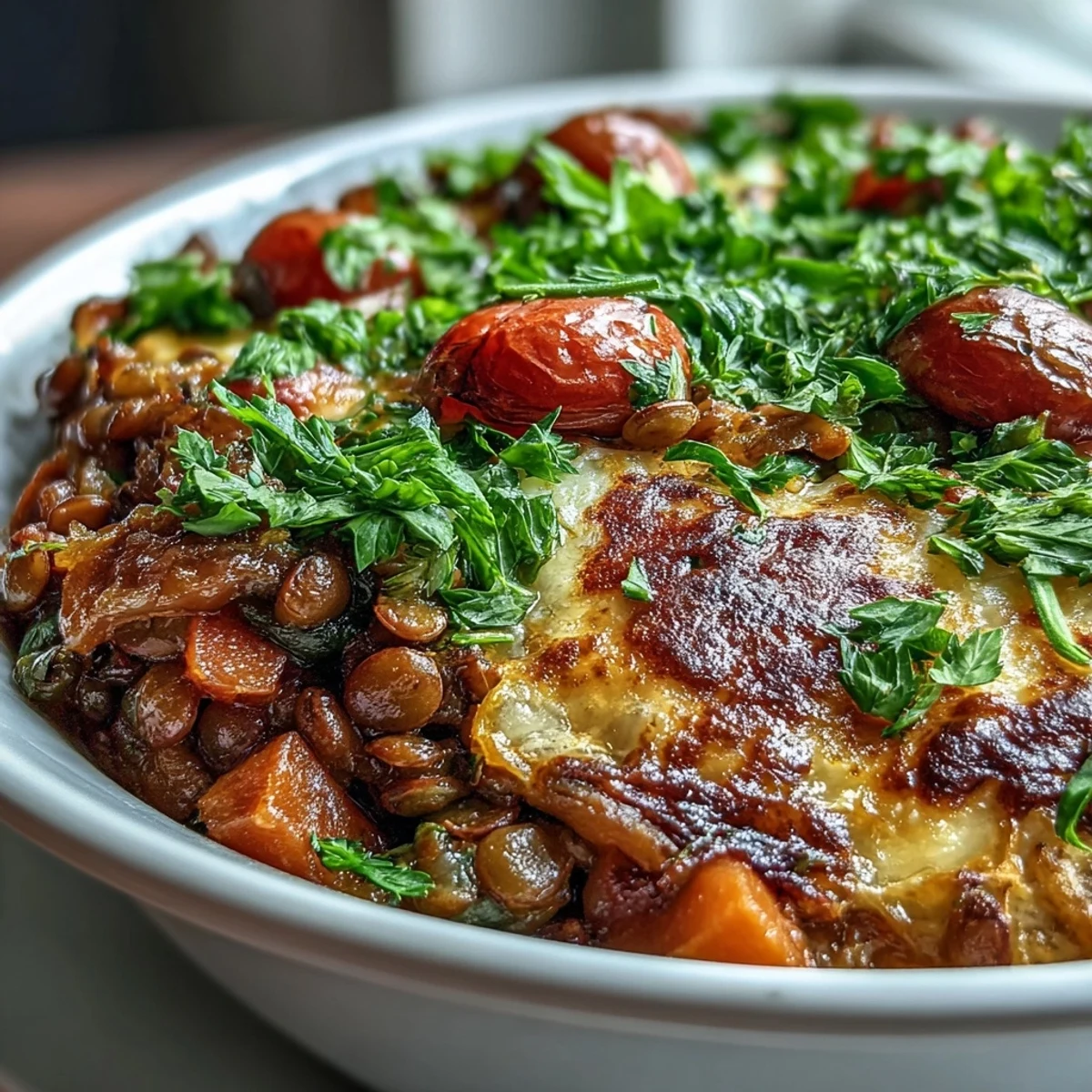 Hearty green lentil and vegetable casserole bubbling hot, topped with golden cheese.