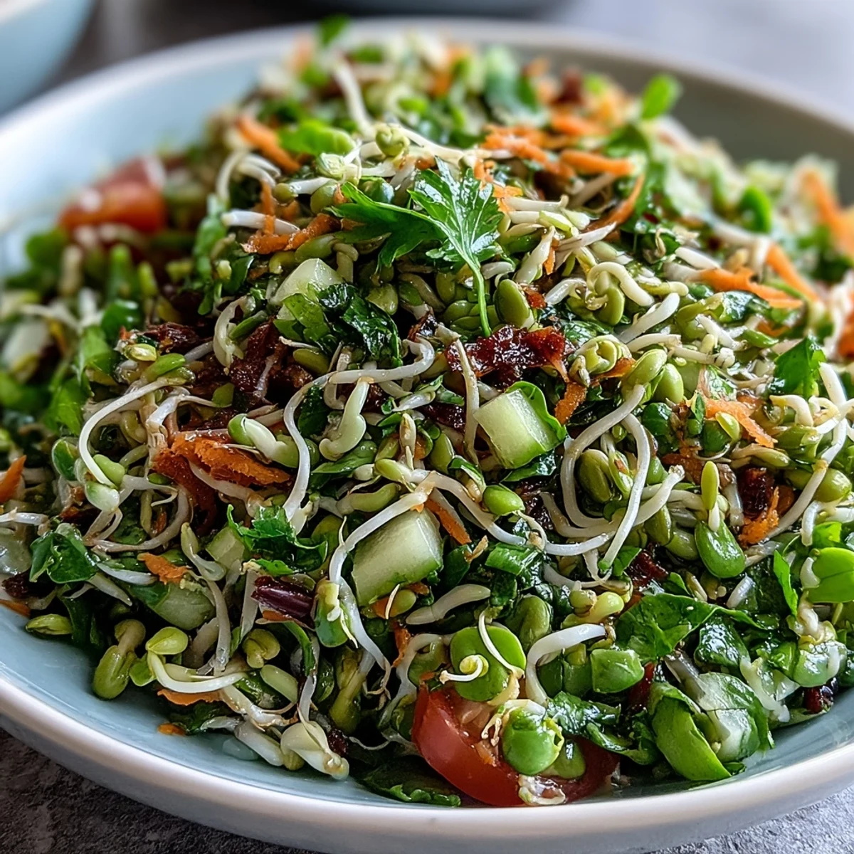 A close-up of the vibrant Sprouted Seed Salad showing fresh mung bean and alfalfa sprouts mingled with diced cucumber, tomato, and bell pepper.