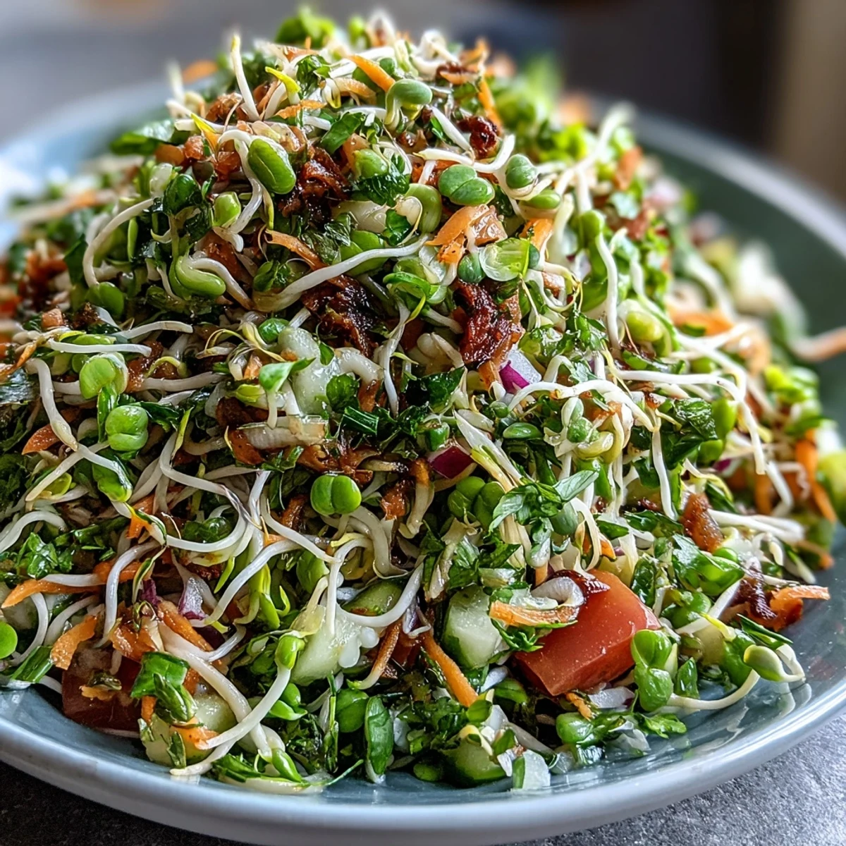 Brightly colored Sprouted Seed Salad in a white bowl, featuring grated carrot, red onion, and cilantro tossed in a glossy lemon dressing.