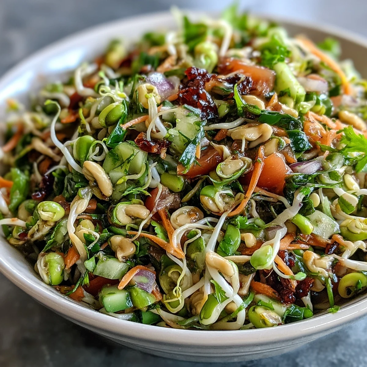 Overhead view of the nutrient-packed Sprouted Seed Salad, ready to serve as a healthy side dish with a light, zesty olive oil dressing.