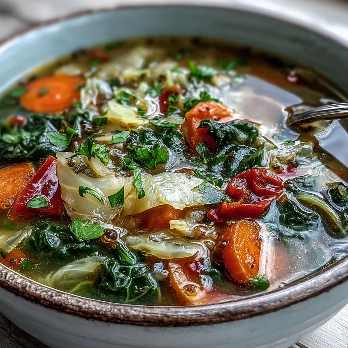 A steaming bowl of homemade Cabbage Soup features tender green cabbage, carrots, and celery in a savory tomato broth, garnished with fresh parsley.
