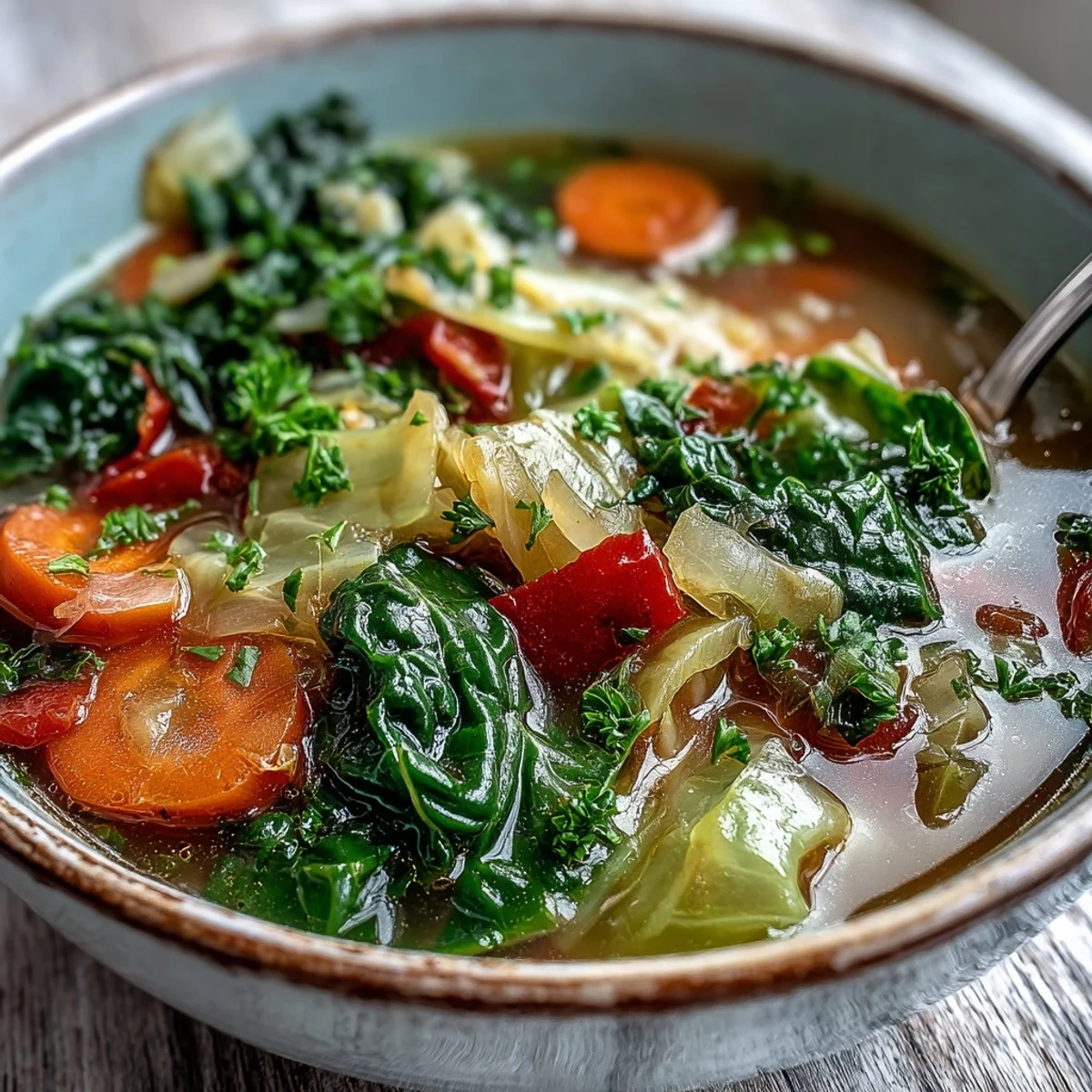 Homemade Cabbage Soup simmering in a large pot, packed with diced tomatoes, onions, and vibrant red bell peppers for a hearty vegan meal prep.
