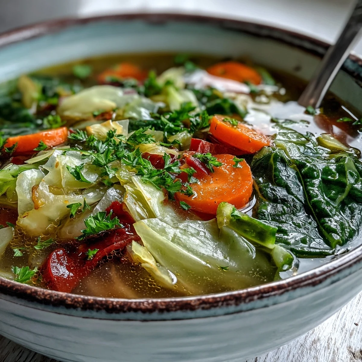 Comforting bowl of Cabbage Soup topped with fresh parsley, served hot with a slice of whole-grain bread for a wholesome lunch or dinner.