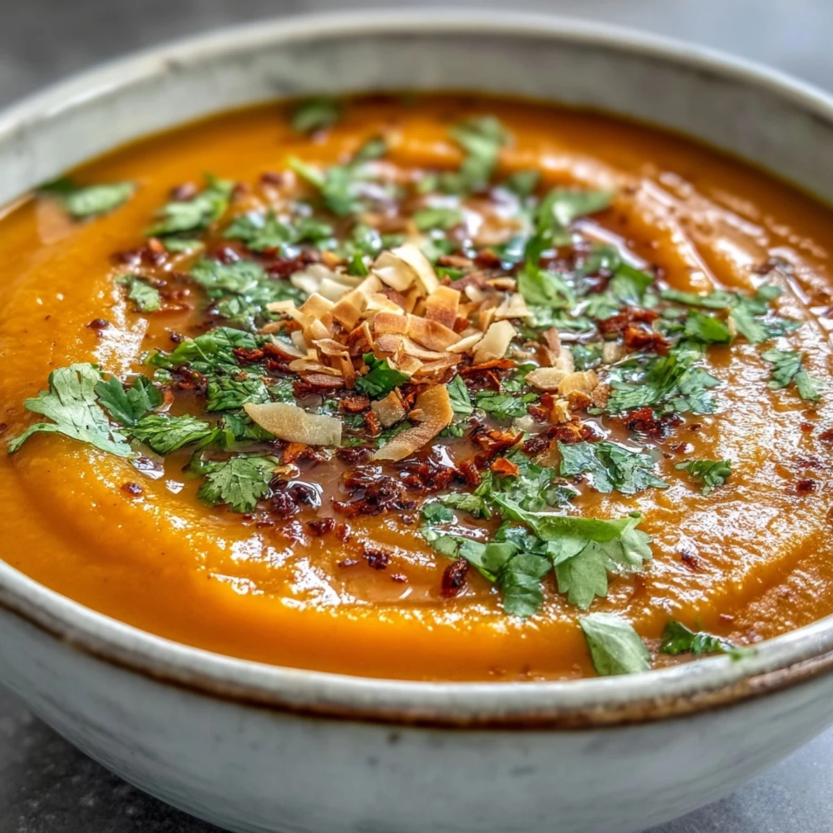 Silky smooth Carrot and Coconut Soup with toasted coconut flakes, fresh cilantro, and a bright lime wedge for garnish.