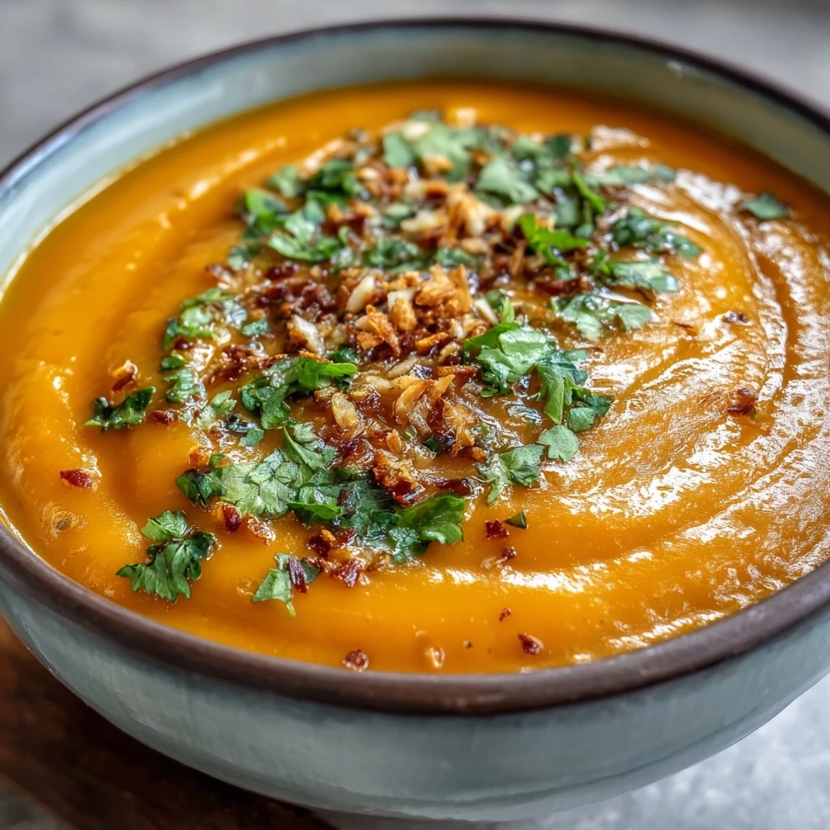 Hot Carrot and Coconut Soup simmering in a pot, showing vibrant orange color and fragrant steam with spices.