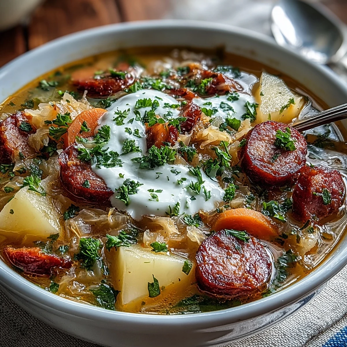 Steaming bowl of Sauerkraut Soup topped with fresh parsley and a dollop of sour cream, served with rye bread.