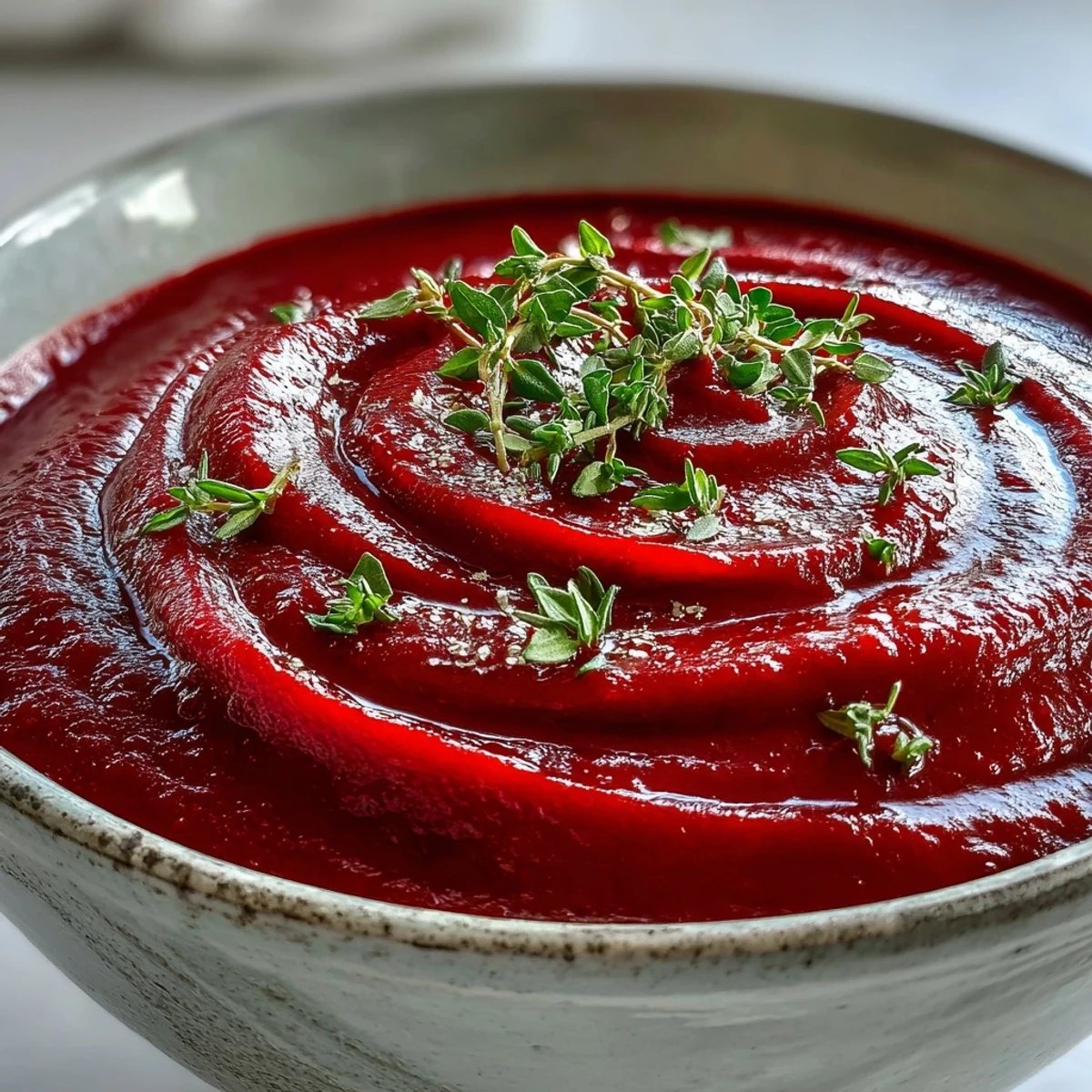 Velvety smooth roasted beet soup garnished with fresh thyme and a swirl of cream in a rustic bowl.
