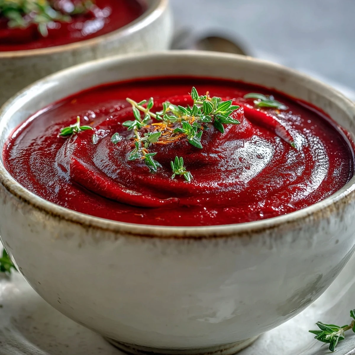 A comforting bowl of roasted beet soup served hot with crusty bread and a crisp white wine.