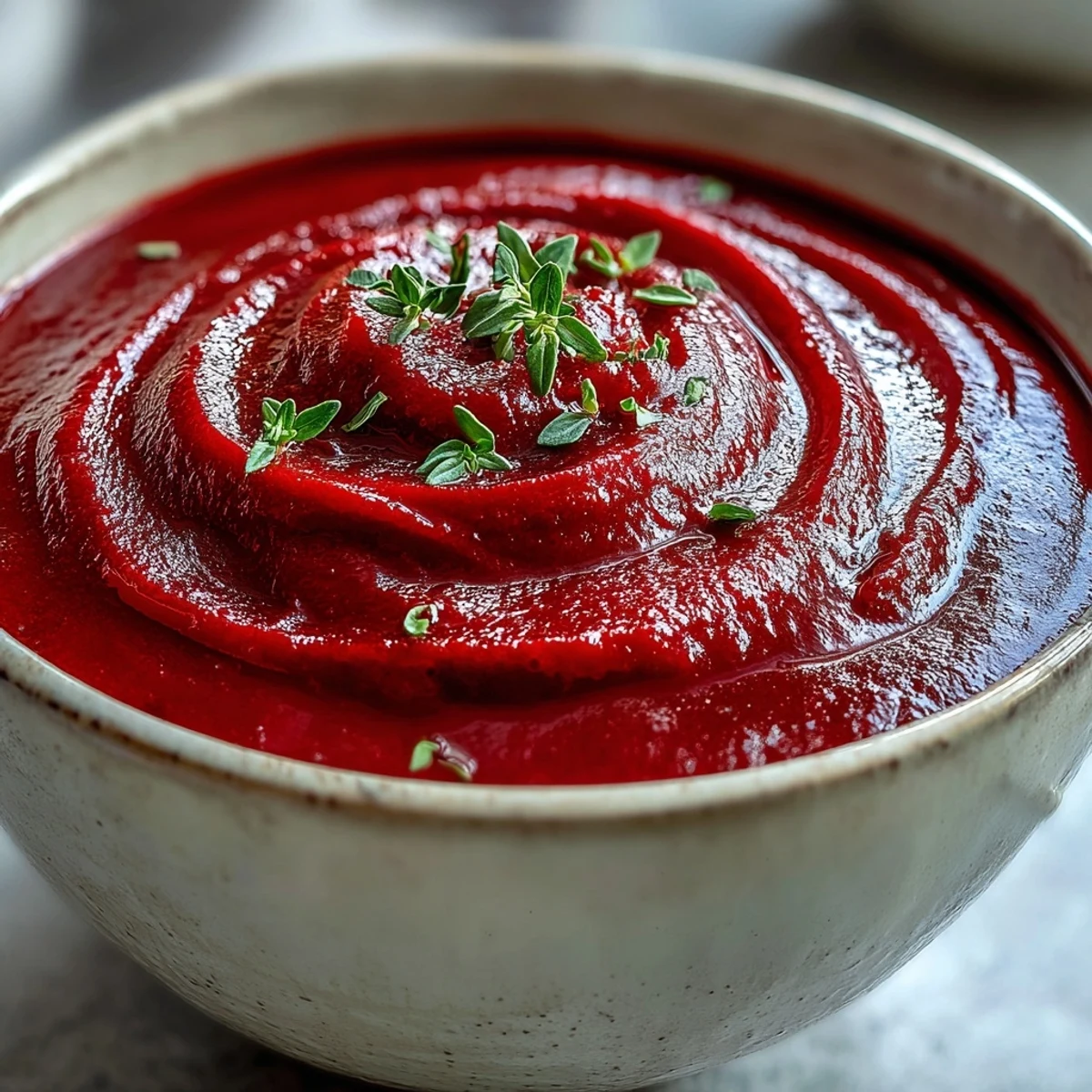 Vibrant ruby-red roasted beet soup in a white ceramic bowl, highlighting its creamy texture and appetizing color.