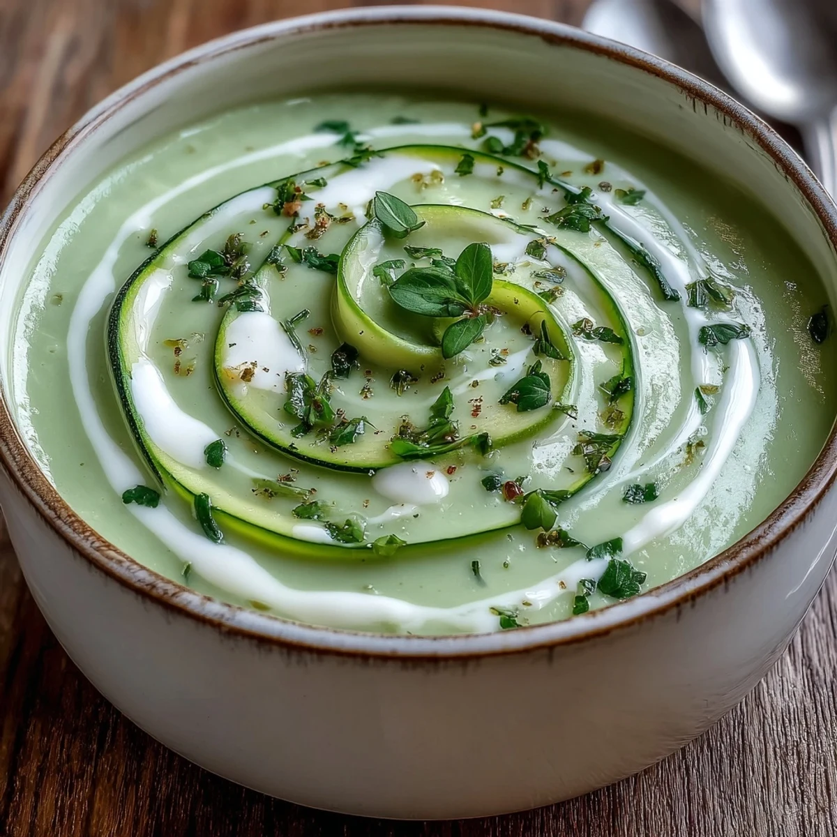 Creamy Zucchini Soup with fresh herbs and a lemon swirl in a rustic white bowl.