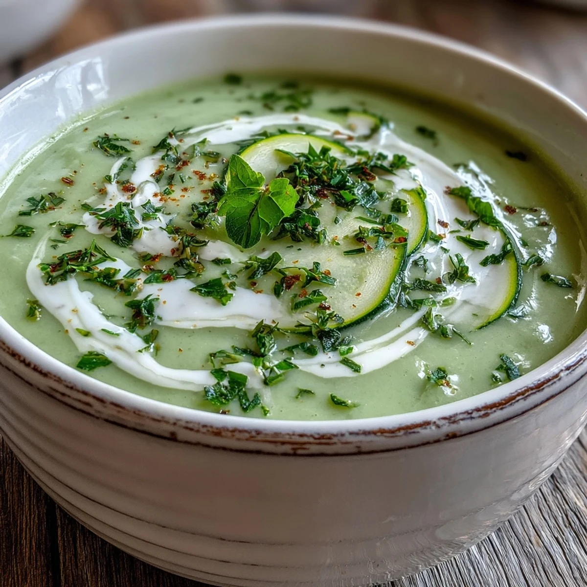 Silky blended Zucchini Soup garnished with basil and parsley, served as a warm starter.