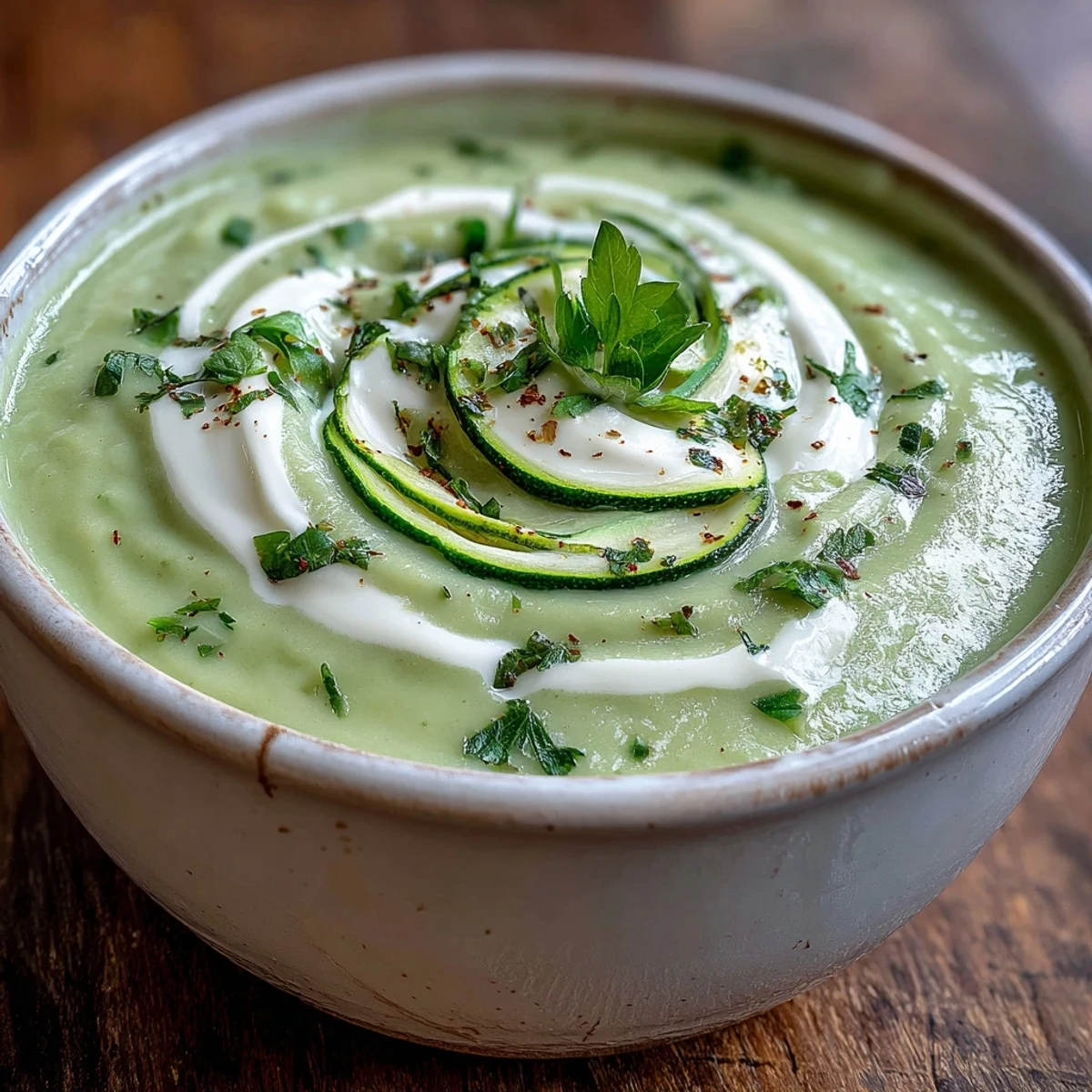 Vibrant green Zucchini Soup in a pottery bowl, drizzled with olive oil and herbs.