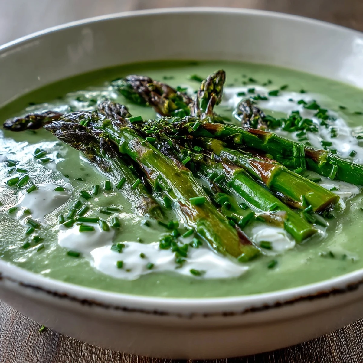 Creamy homemade asparagus soup topped with fresh chives and tender tips in a white bowl.