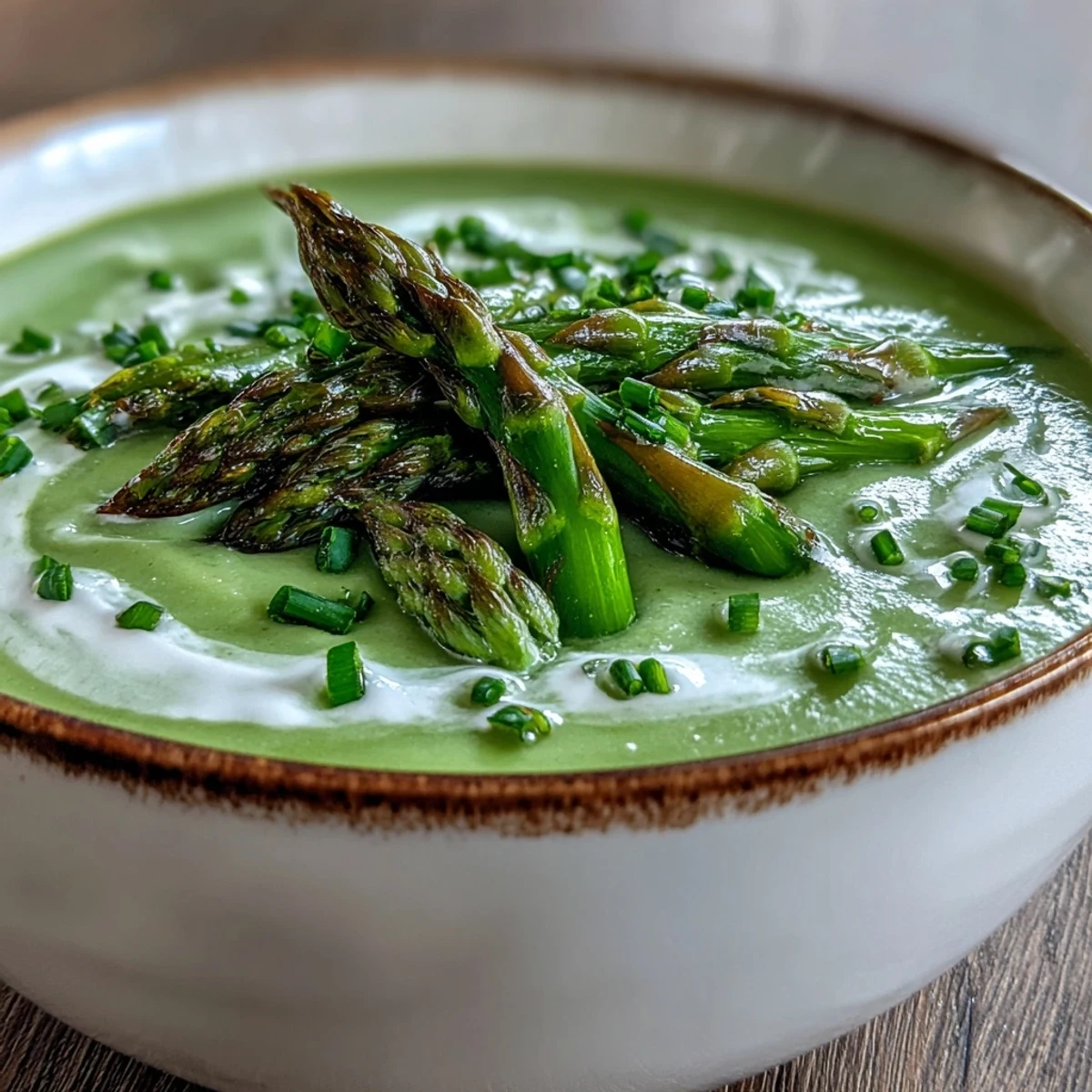 Elegant bowl of asparagus soup with chopped chives and a rustic bread slice on the side.