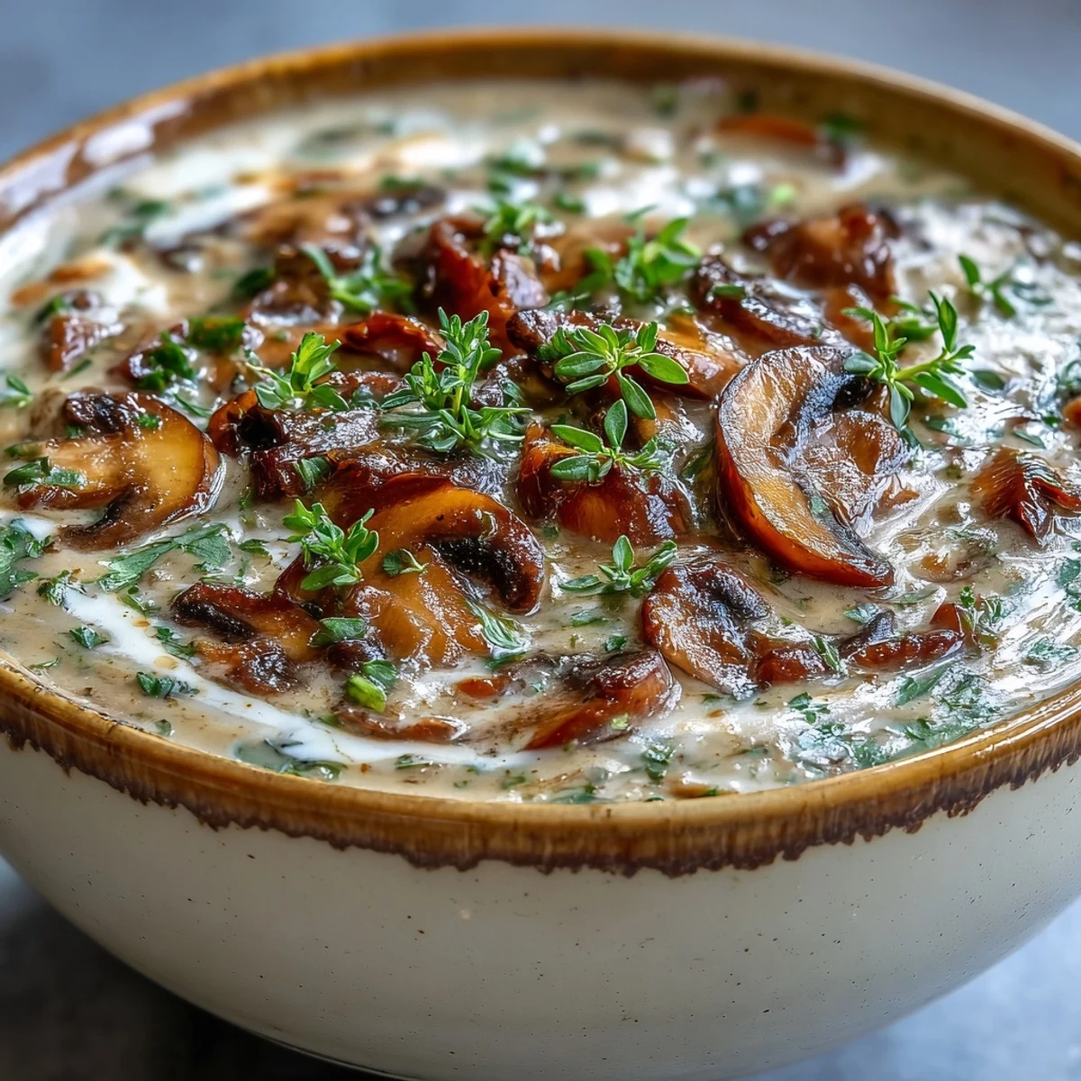 A close-up of creamy mushroom soup garnished with fresh parsley, served in a rustic bowl.