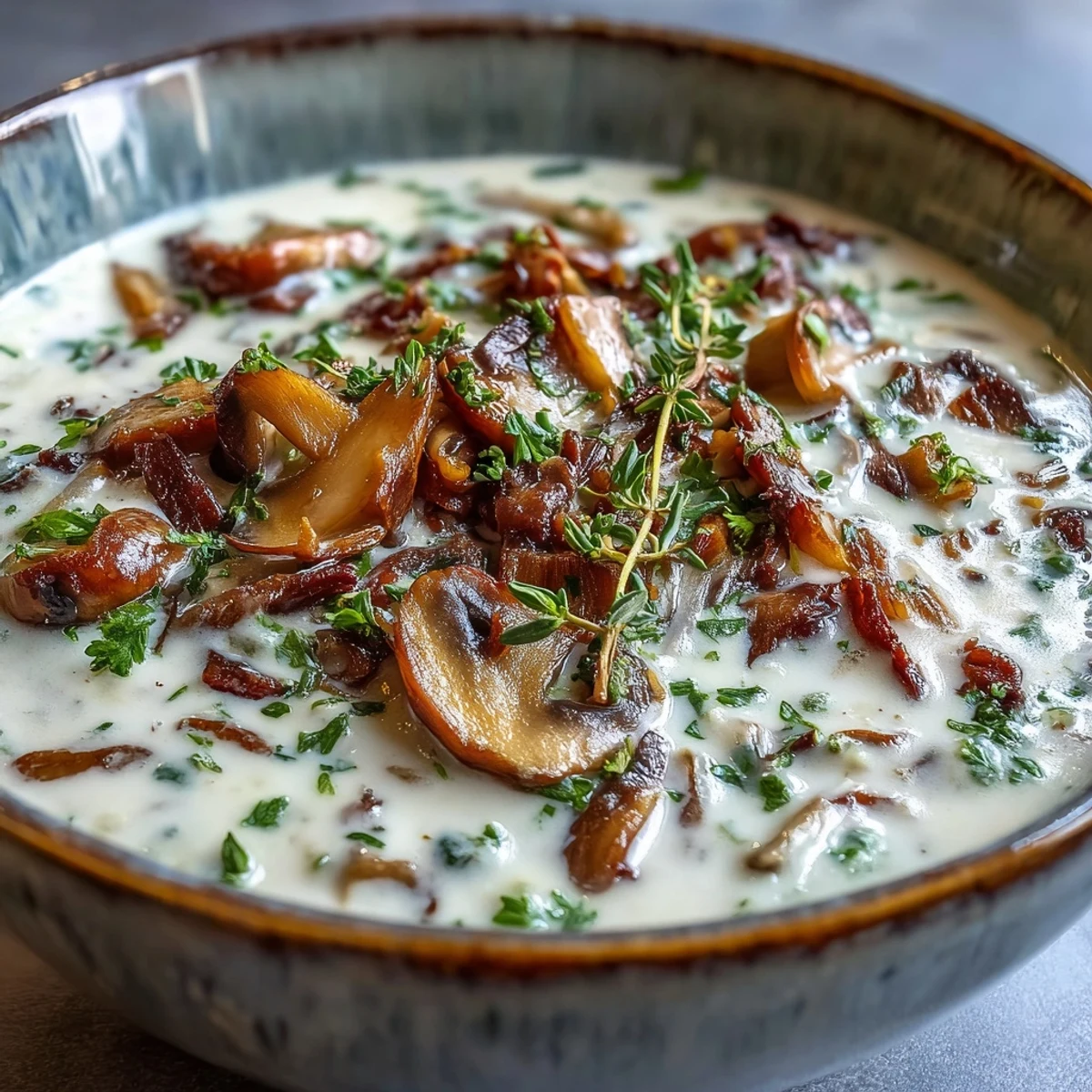 Steaming bowl of homemade mushroom soup with crusty bread for dipping on a cozy wooden table.