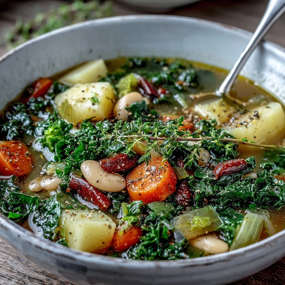 Steaming bowl of Kale Soup with tender kale, carrots, and creamy cannellini beans.