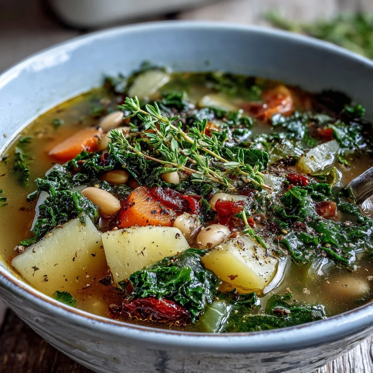 Healthy Kale Soup ladle into a rustic bowl, garnished into a rustic bowl, garnished with lemon and herbs.