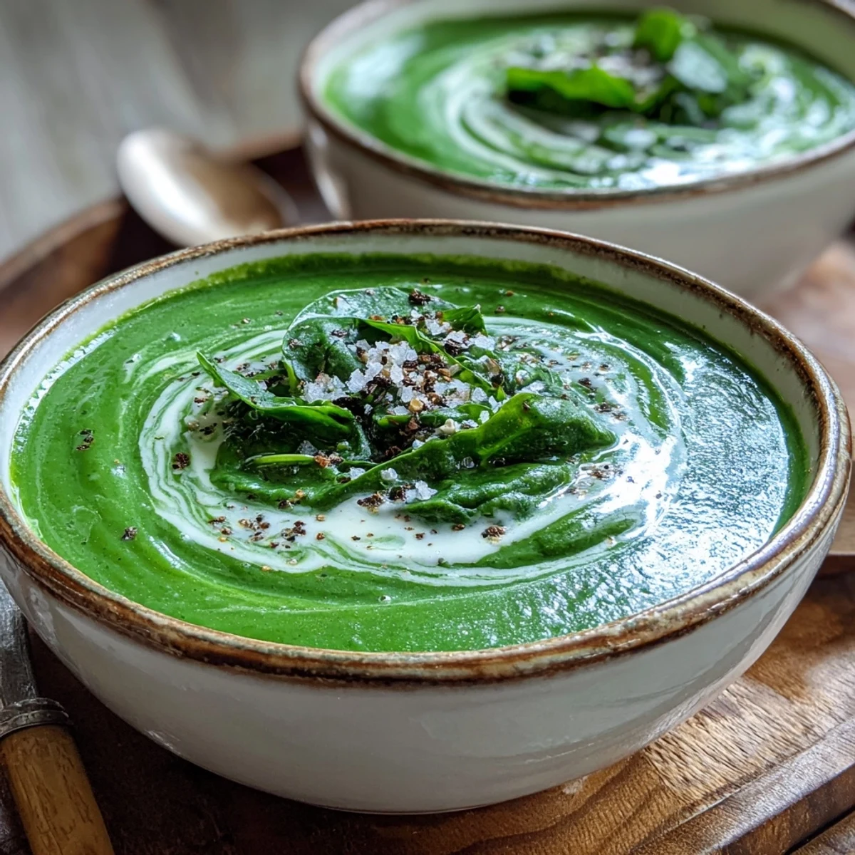 Steaming bowls of creamy spinach soup topped with a swirl of heavy cream, ready to serve.