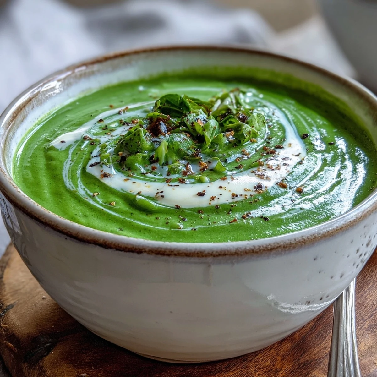 Vibrant green spinach soup in a rustic bowl, garnished with fresh black pepper and a drizzle of cream.